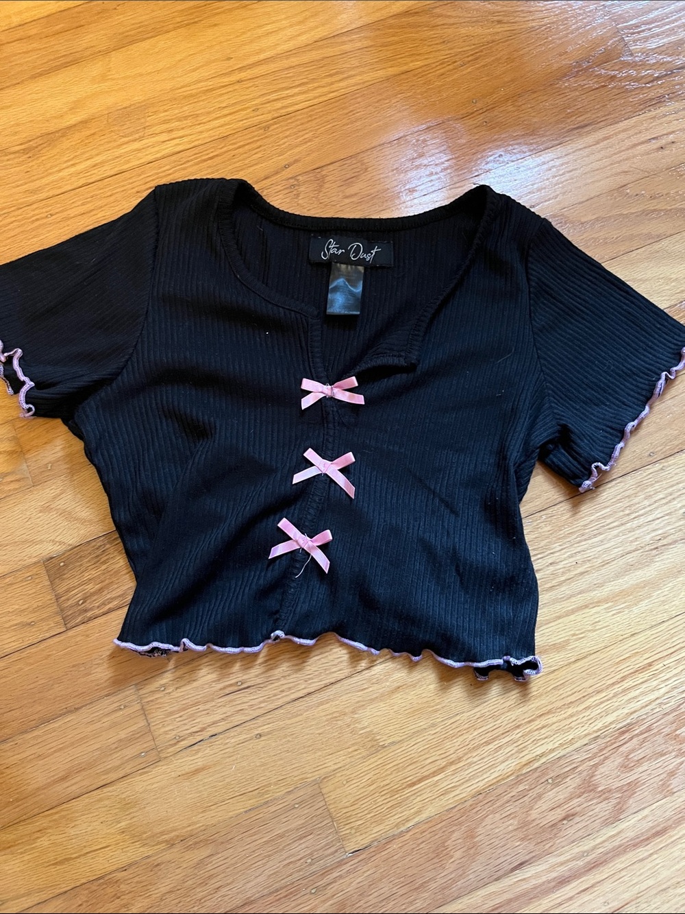 Black Ribbed Crop Top with Pink Bows